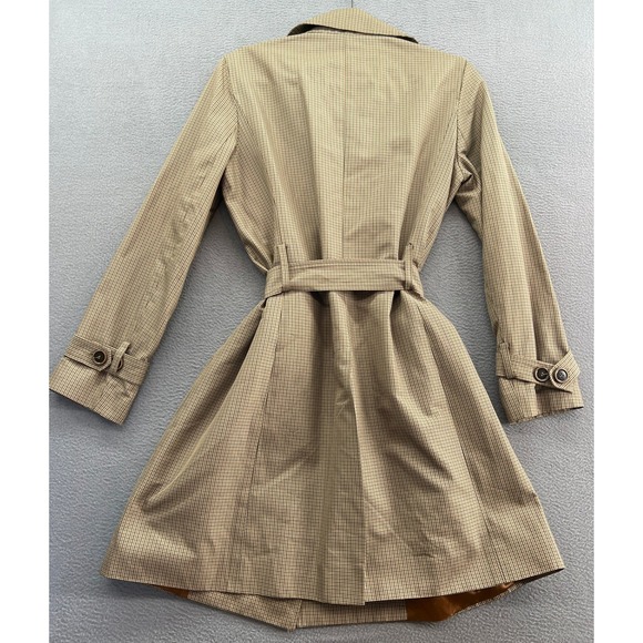 TeenFlo Jacket Womens Sz 8 Plaid Double Breasted Trench Coat Belted Tan - Picture 10 of 13